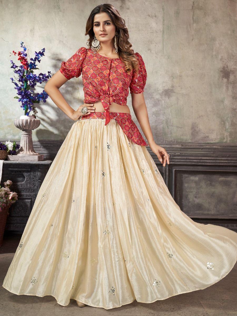 Buy Off White Sequins Work Silk Crop Top Lehenga Online At Zeel Clothing