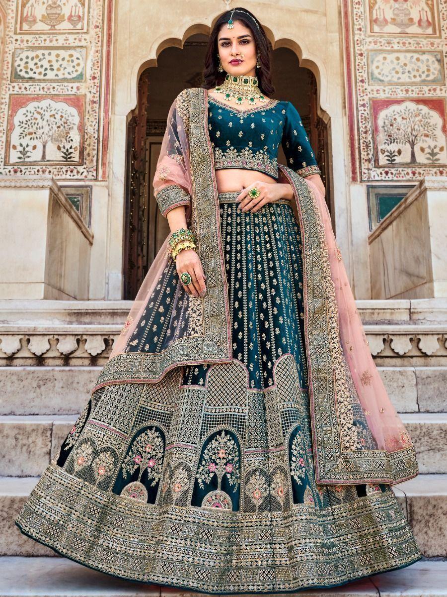 Buy Enchanting Teal Blue Embroidered Work Velvet Bridal Wear Lehenga Choli Zeel Clothing