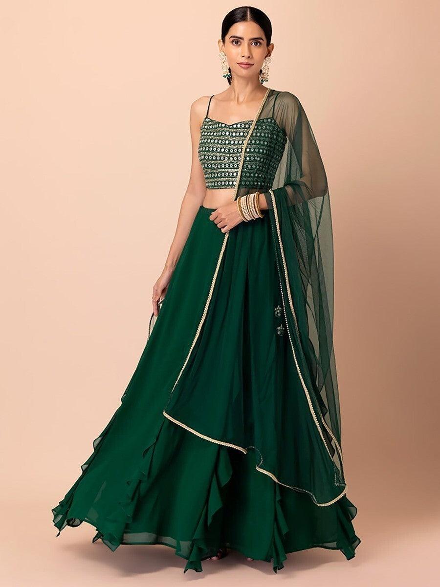 Dark green net lehenga best sale