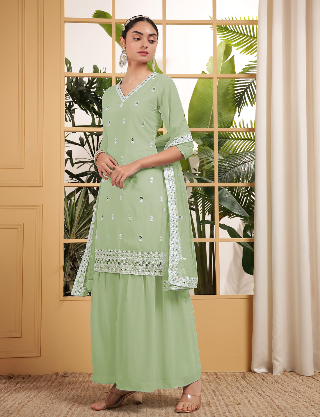 Fascinating Pista Green Sequins Georgette Eid Special Sharara Suit With Dupatta