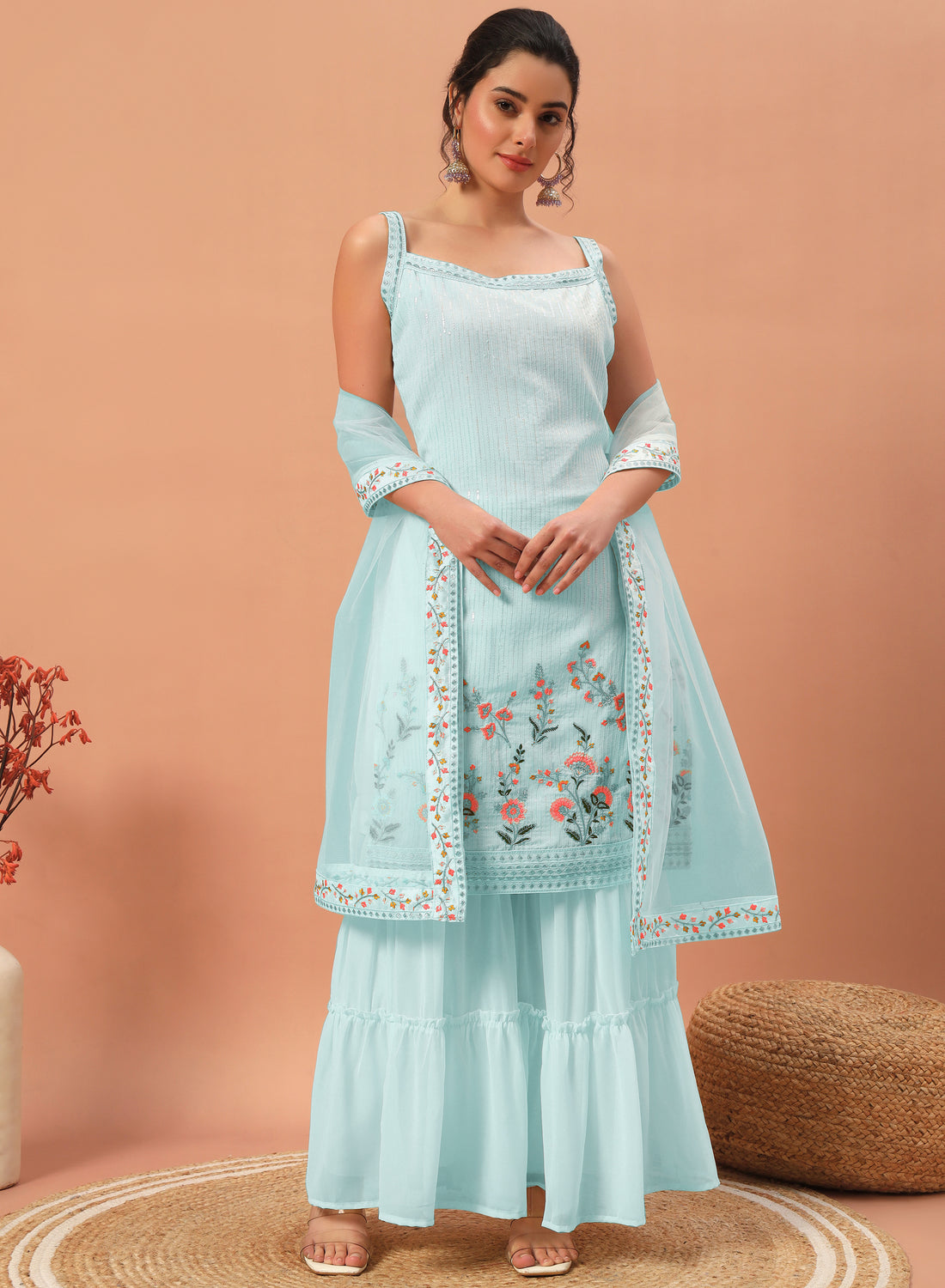 Fascinating Sky-Blue Sequins Georgette Festive Wear Sharara Suit