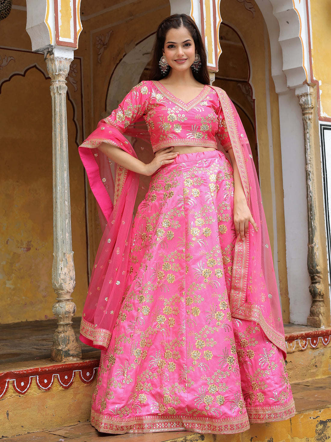 Incredible Pink Embroidery Silk Engagement Wear Lehenga Choli