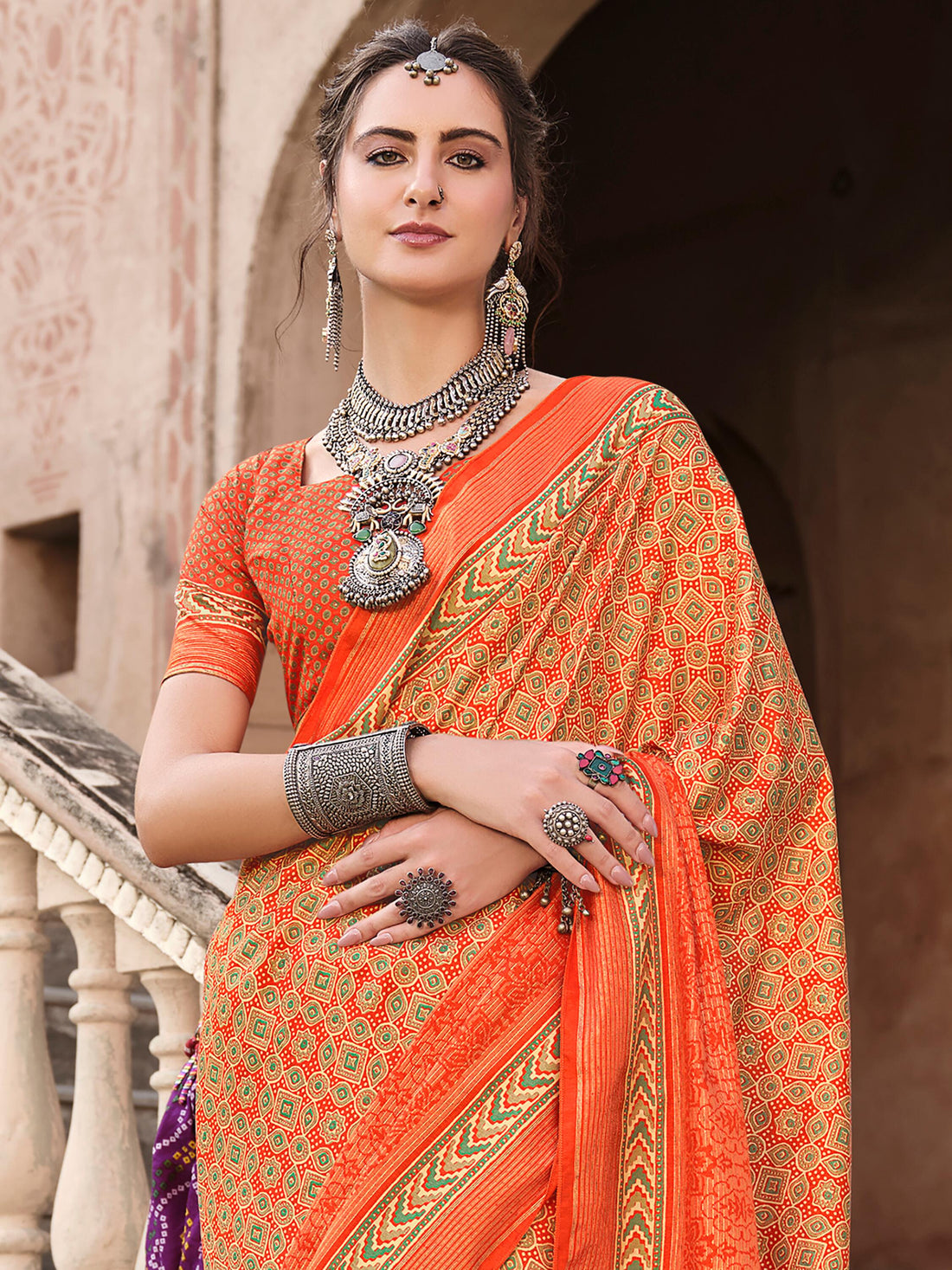 Glamorous Orange Digital Printed Silk Traditional Saree With Blouse