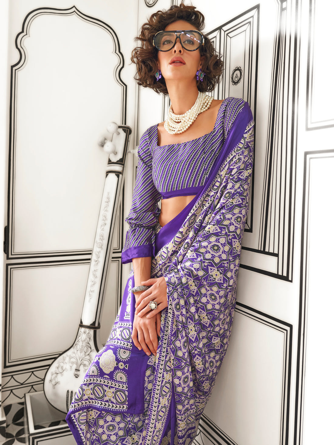 Astonishing Violet Printed Satin Festival Wear Saree With Blouse