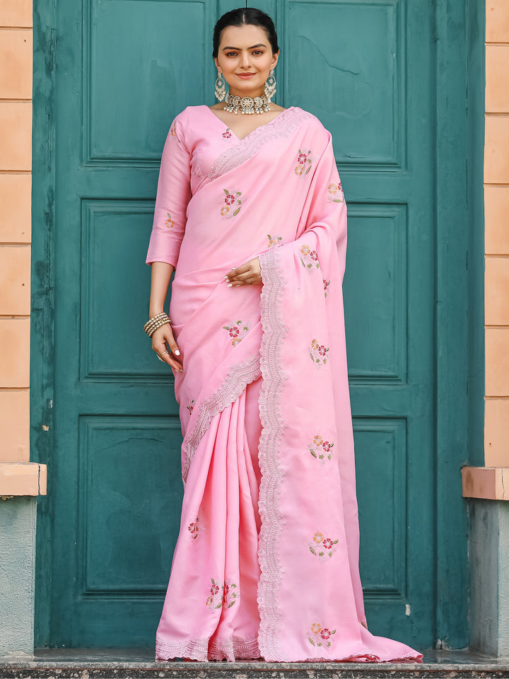 Adorable Pink Embroidered Cotton Festival Wear Saree With Blouse