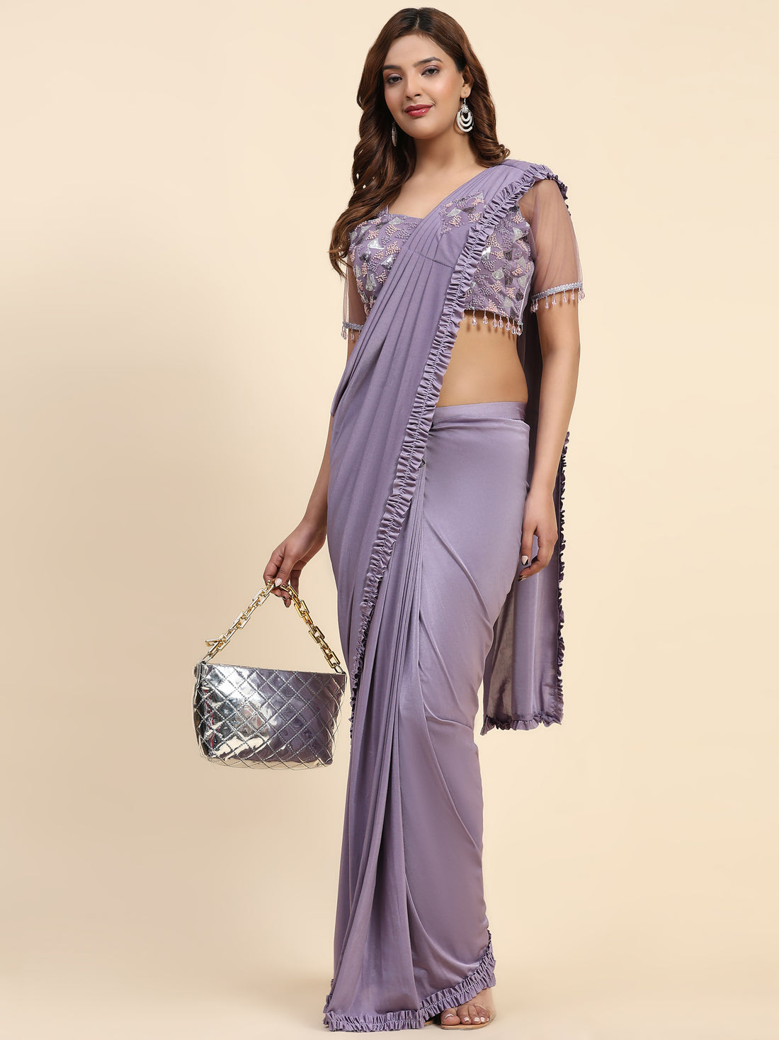 Precious Lavender Satin Ready To Wear Saree With Blouse