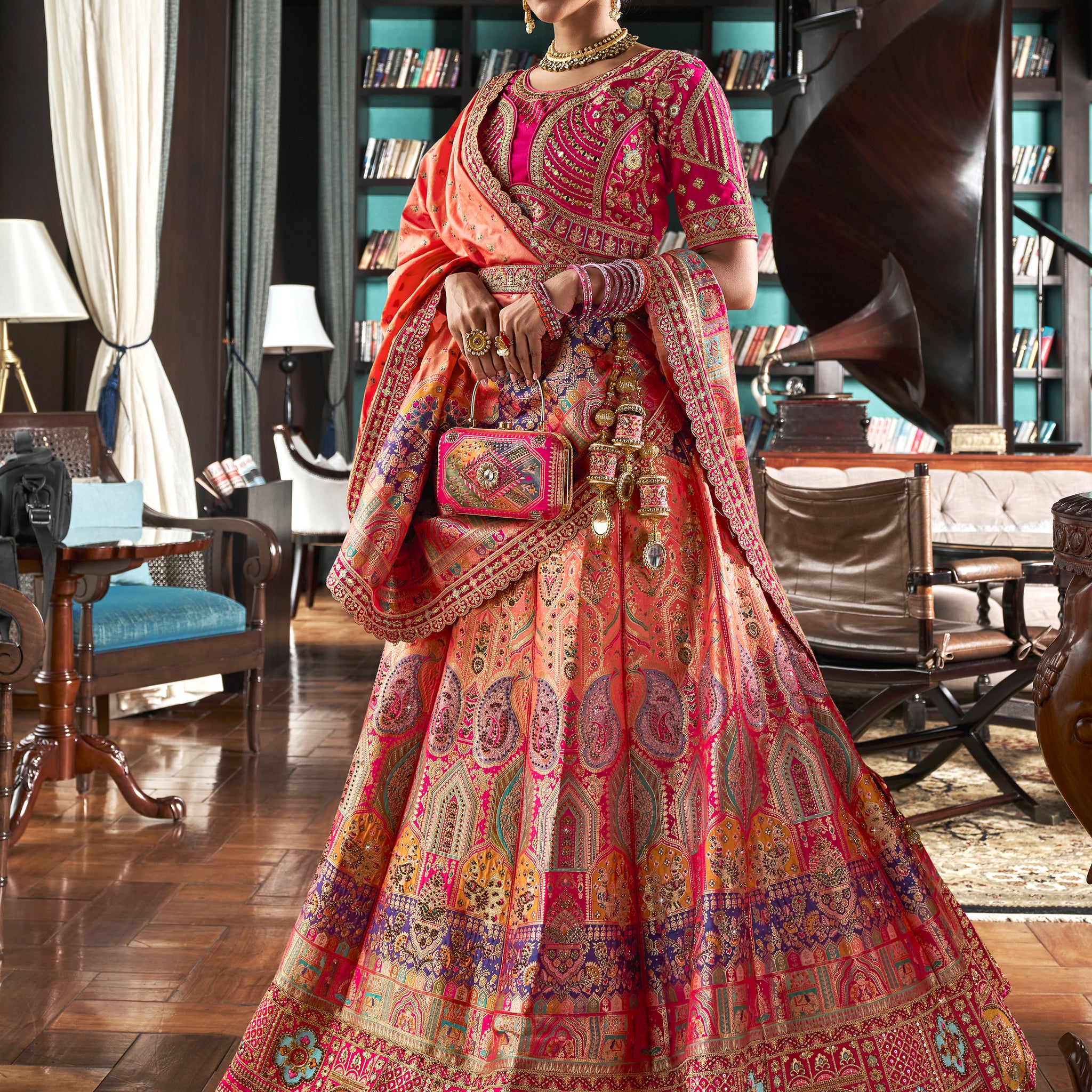 Bewitching Peach Zari Weaving Banarasi Silk Wedding Lehenga Choli