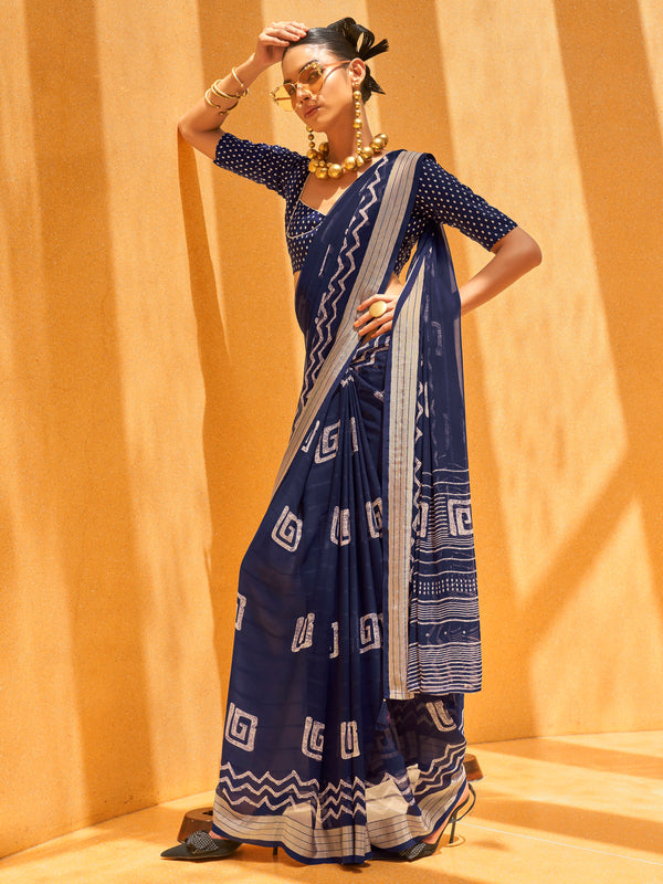 Charming Navy Blue Foil Printed Georgette Event Wear Saree