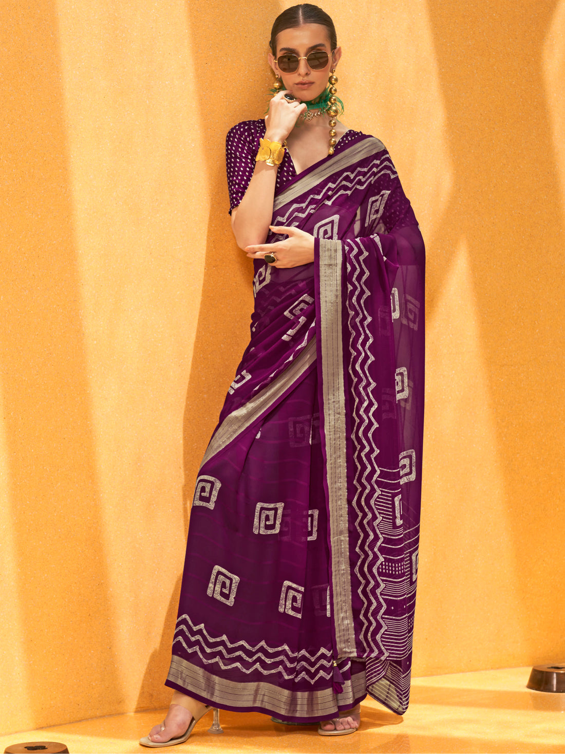 Precious Purple Foil Printed Georgette Function Wear Saree With Blouse