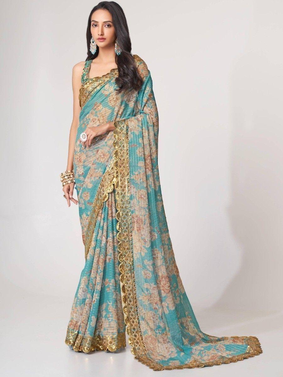 Pretty Sky Blue Floral Print Organza Festival Wear Saree With Blouse