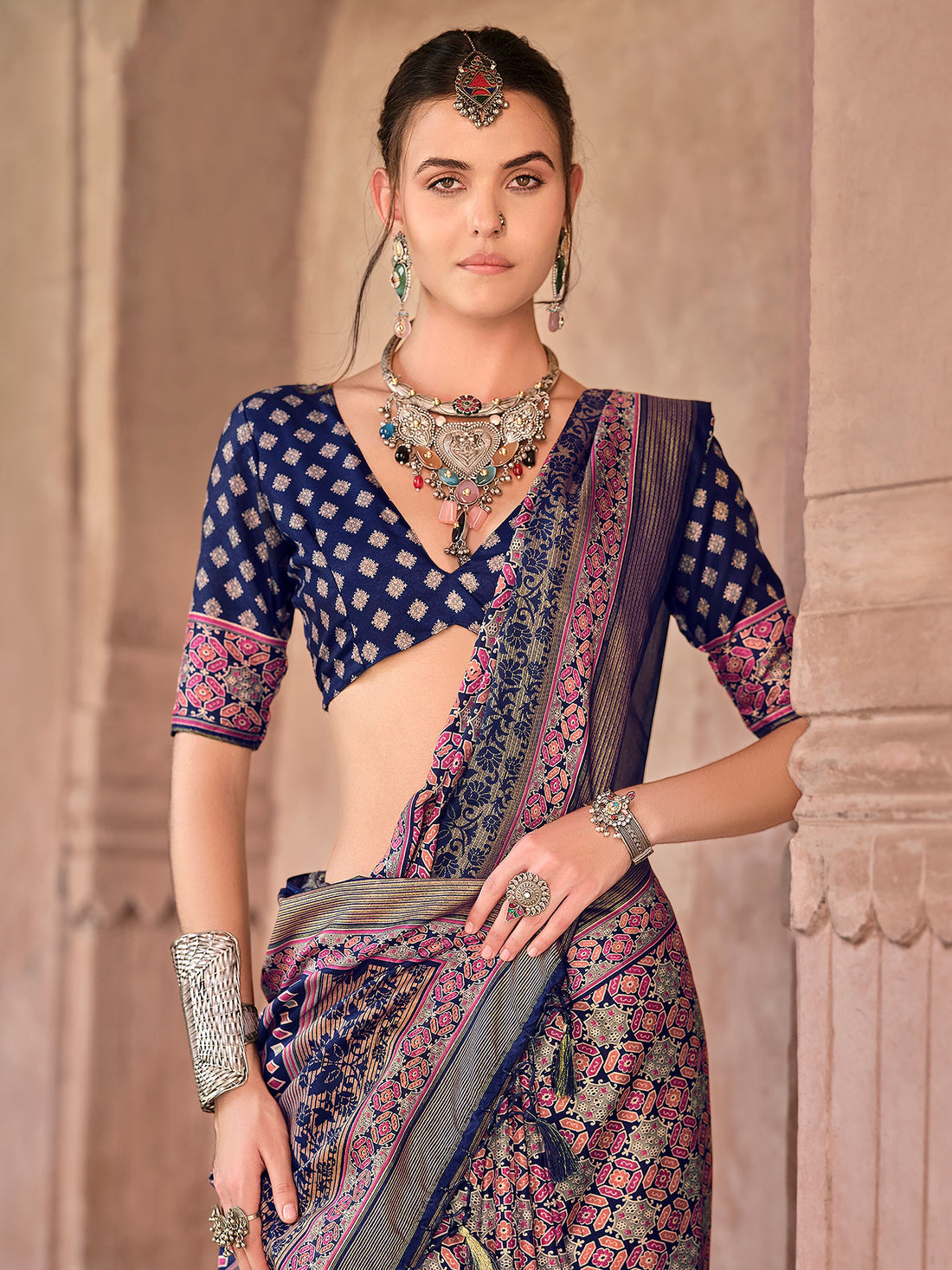 Marvelous Navy Blue Digital Printed Silk Event Wear Saree With Blouse