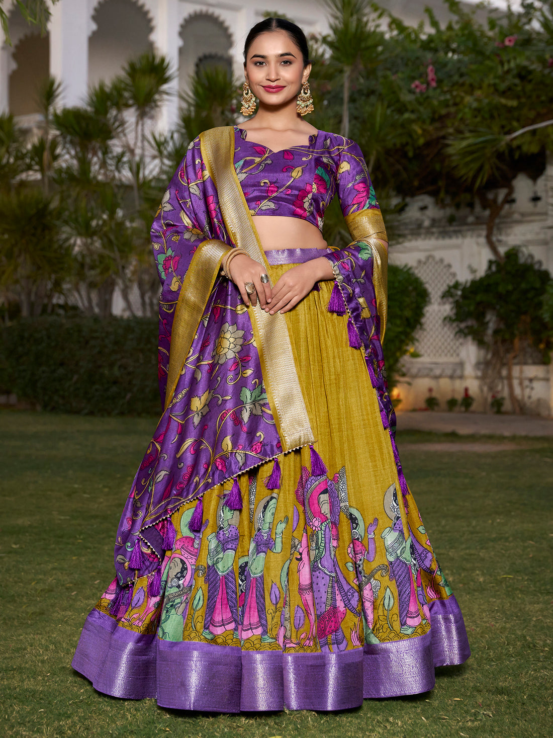 Lovely Mustard Yellow Kalamkari Printed Silk Festival Wear Lehenga Choli