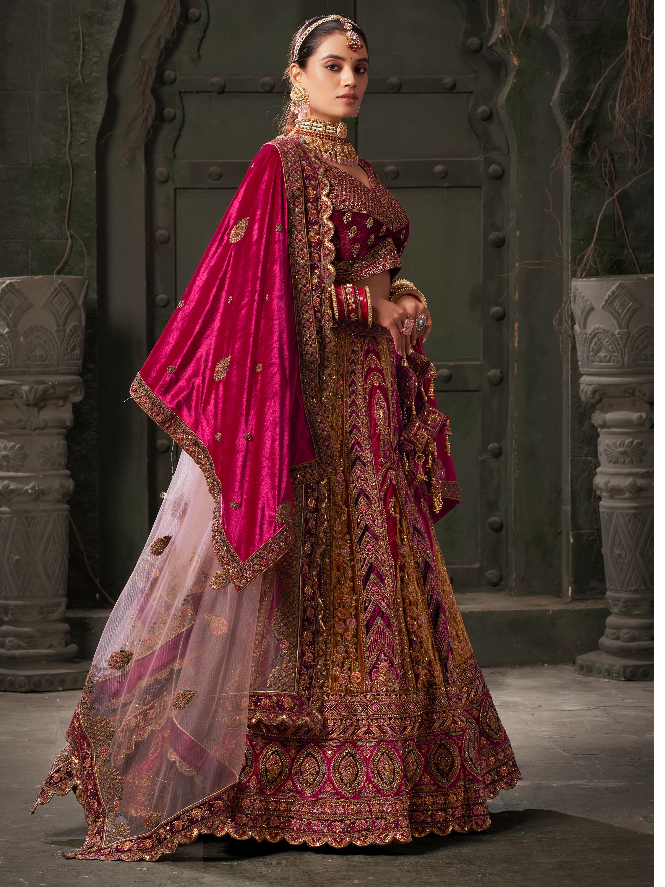 Shop Rani Pink Velvet Bridal Lehenga Choli Online At Zeel Clothing