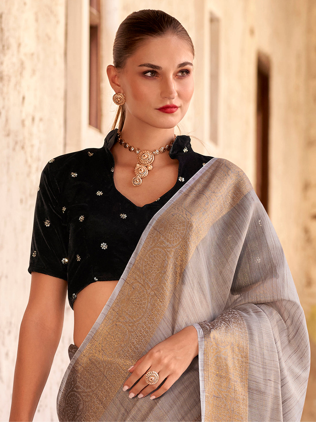 Lovable Grey Zari Weaving Tissue Silk Festival Wear Saree With Blouse