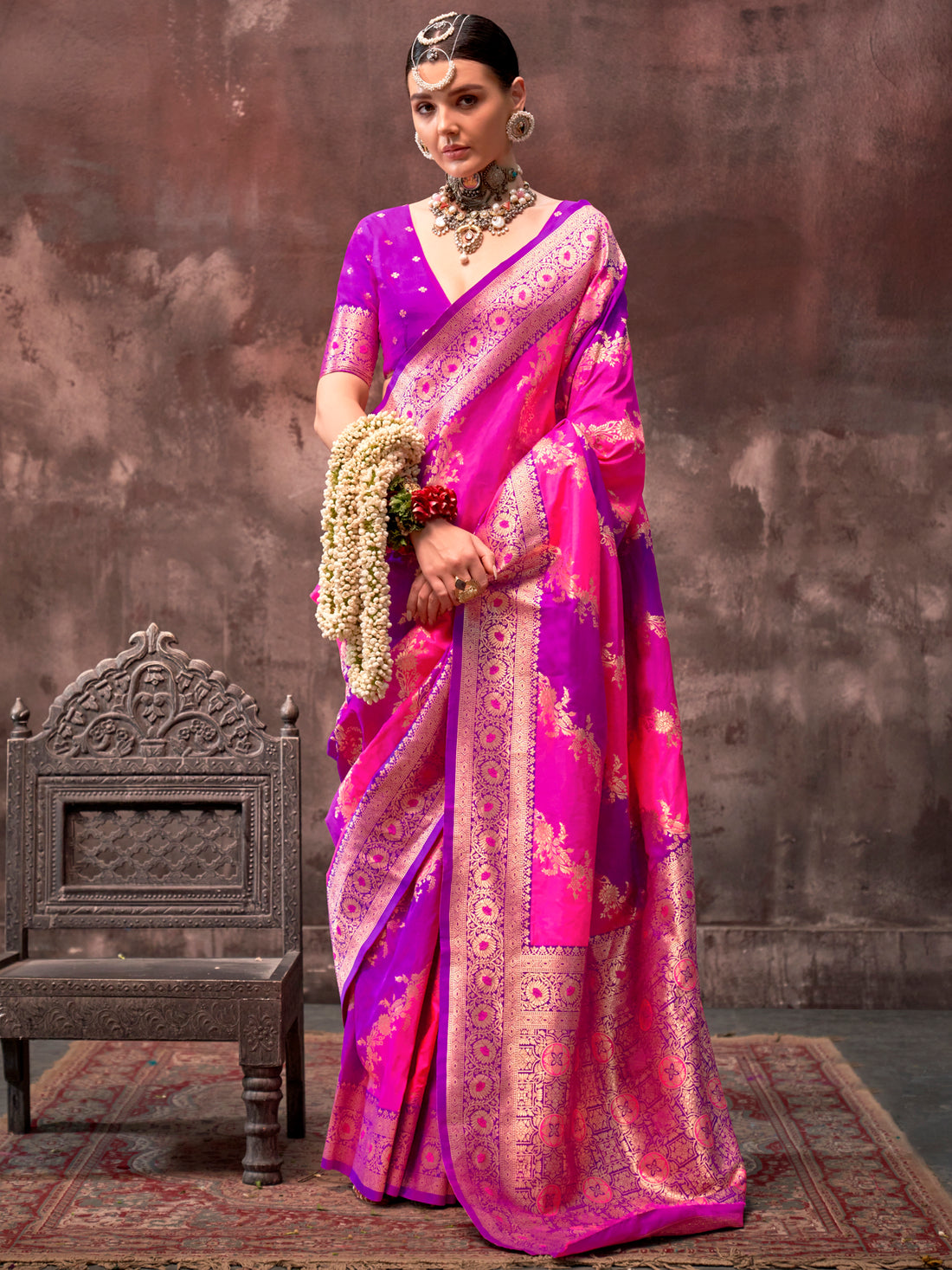 Stunning Pink & Purple Zari Weaving Silk Festival Wear Saree With Blouse