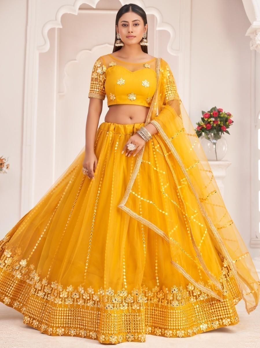 Marvelous Mustard Yellow Thread Embroidered Butterfly Net Lehenga Choli