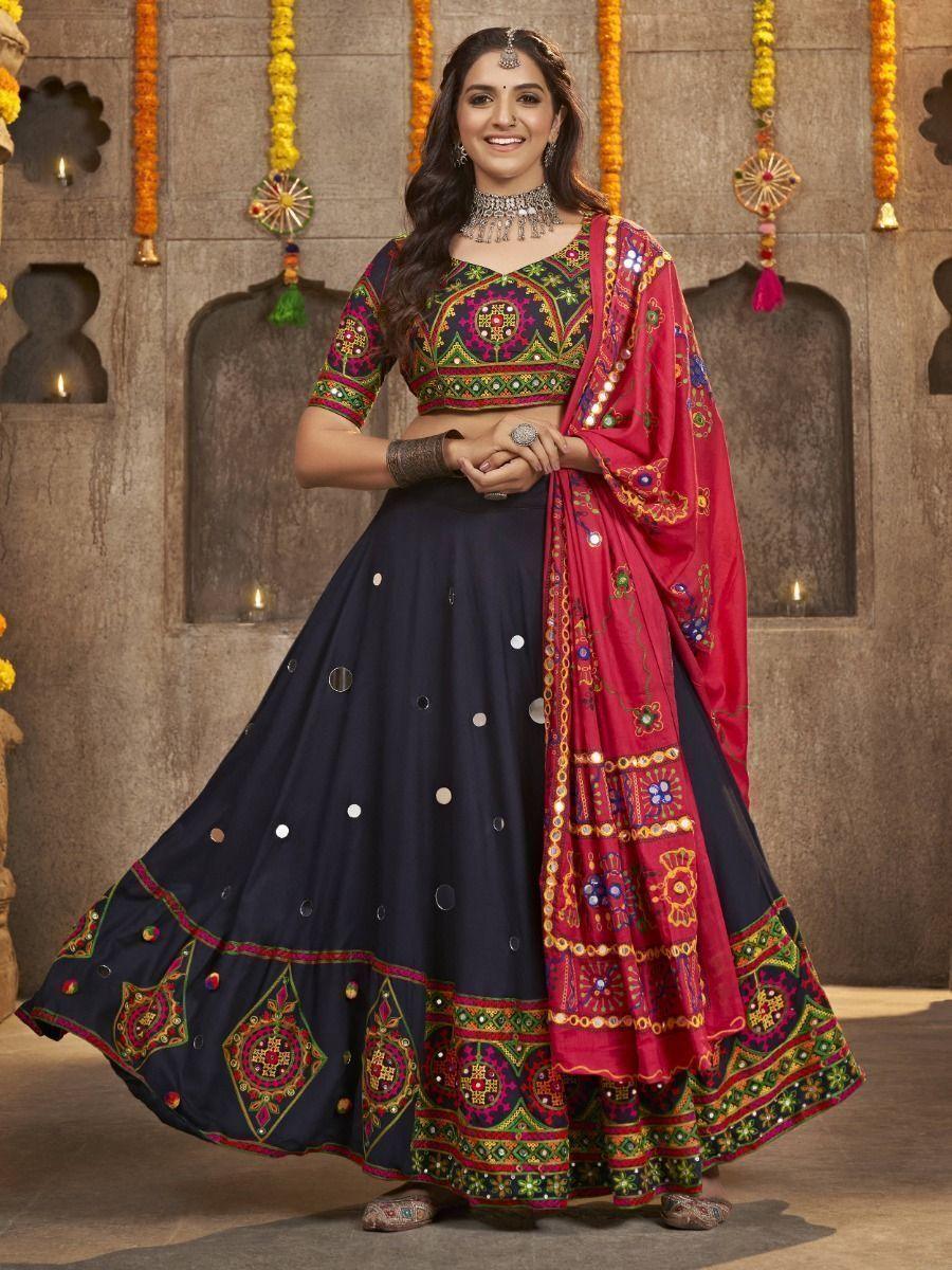 Glamorous Navy Blue Gamthi Embroidered Rayon Lehenga Choli