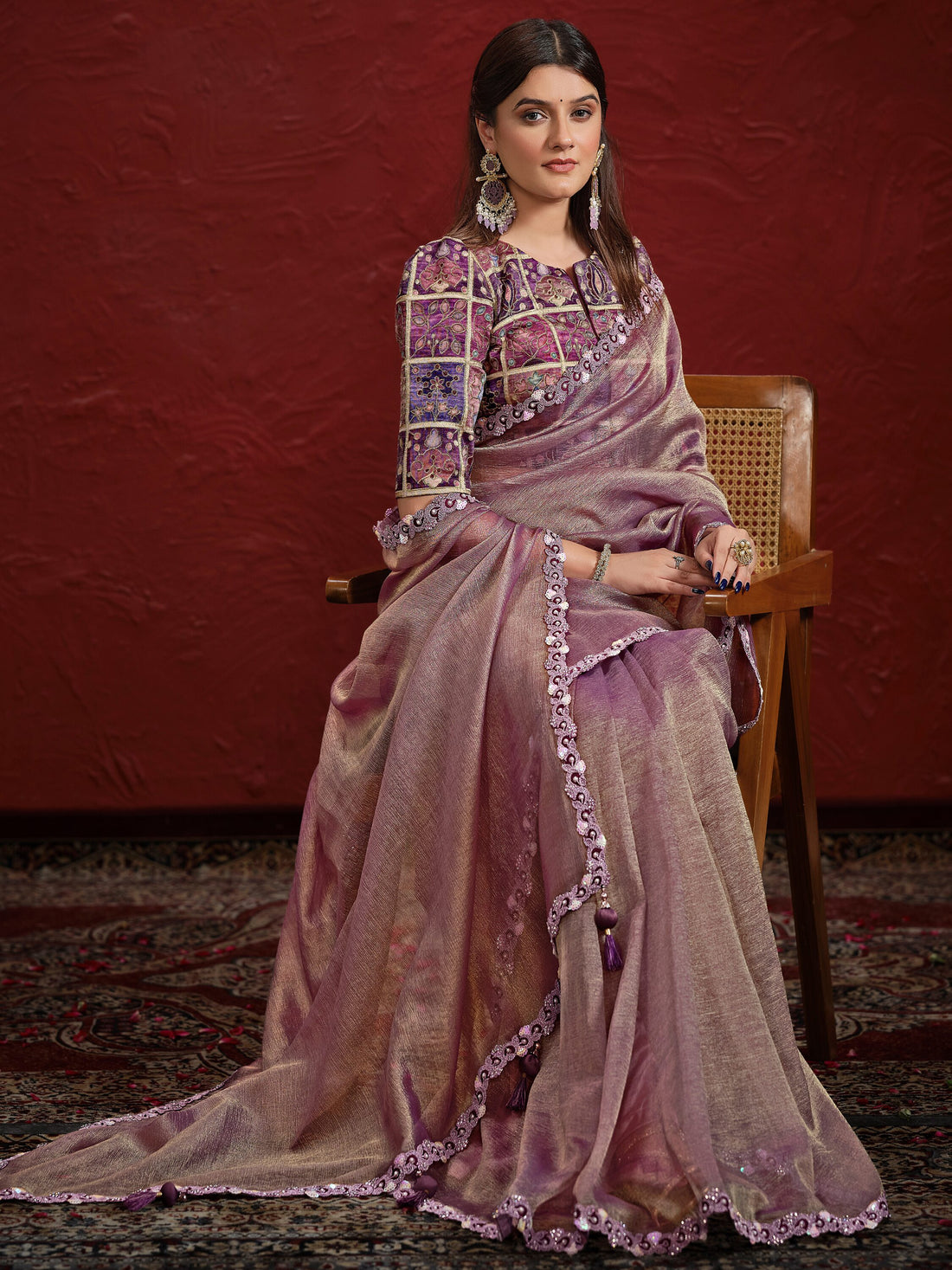 Attractive Purple Lace Work Banarasi Silk Reception Wear Saree