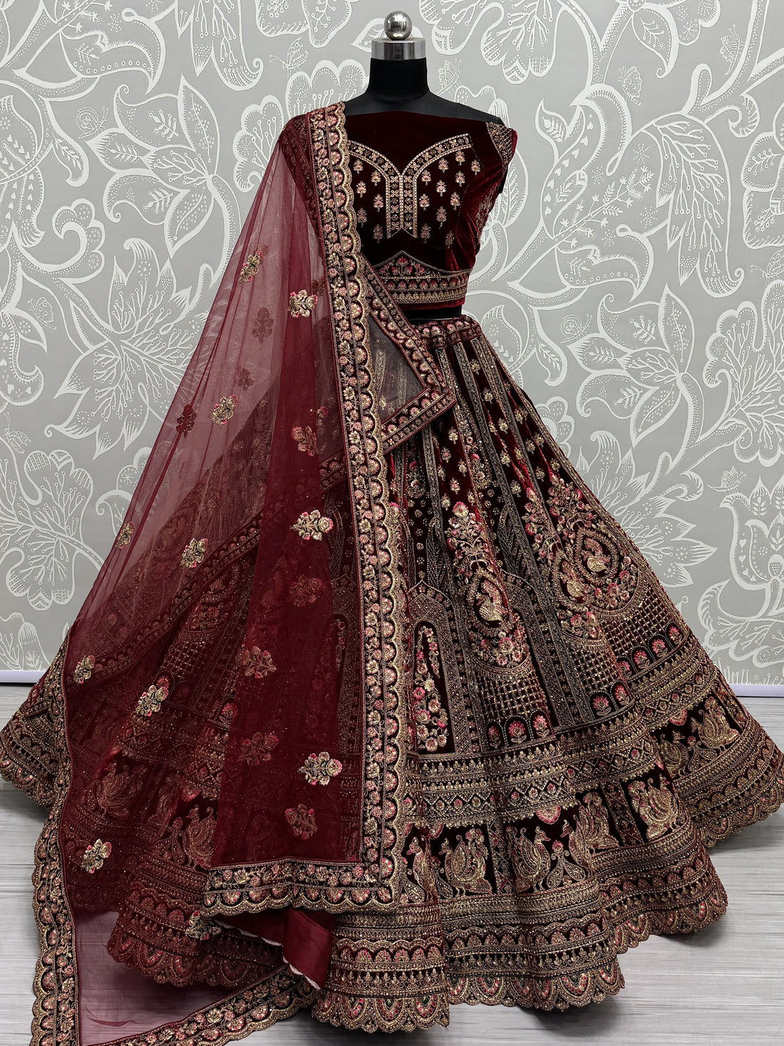 Lovely Maroon Sequins Velvet Bridal Lehenga Choli With Double Dupatta