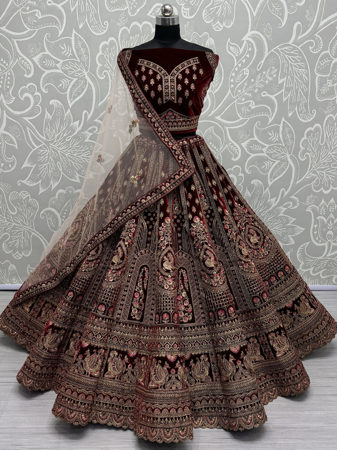 Lovely Maroon Sequins Velvet Bridal Lehenga Choli With Double Dupatta