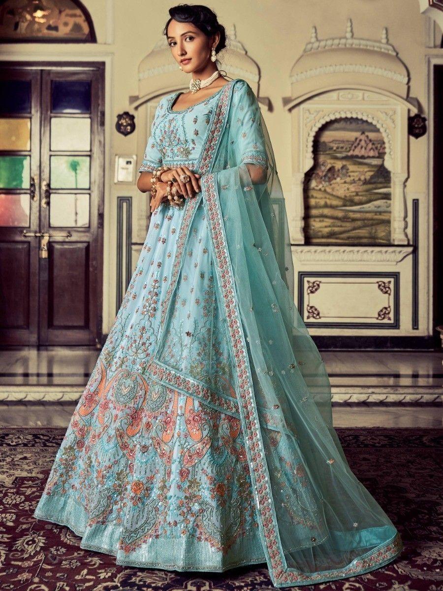 Alluring Turquoise Embroidered Georgette Wedding Lehenga Choli