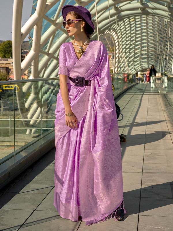 Captivating Lavender Zari Weaving Silk Traditional Saree With Blouse