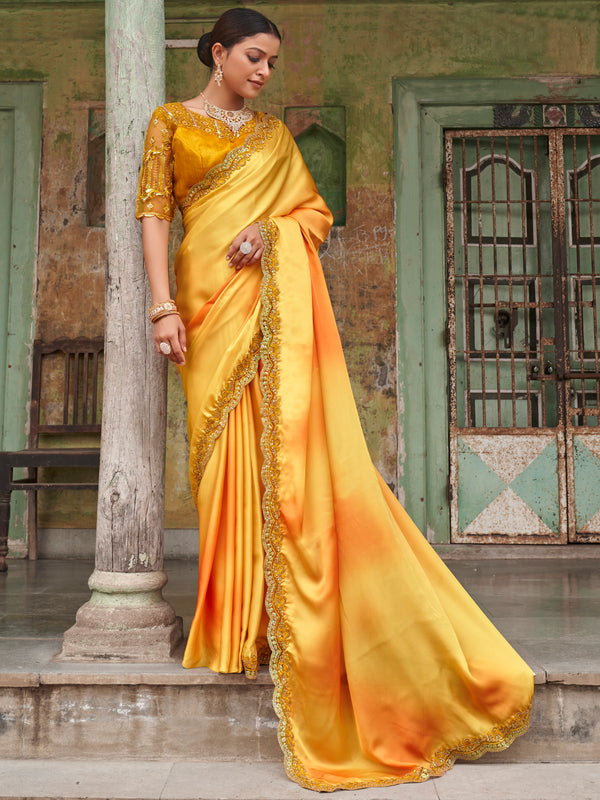 Beautiful Yellow Embroidered Satin Party Wear Saree With Blouse