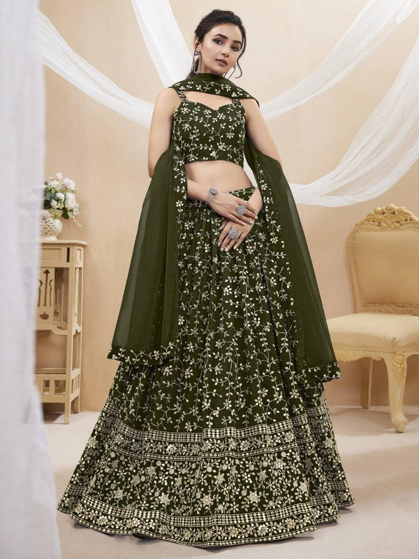 Wonderful Green Sequins Georgette Mehendi Wear Lehenga Choli