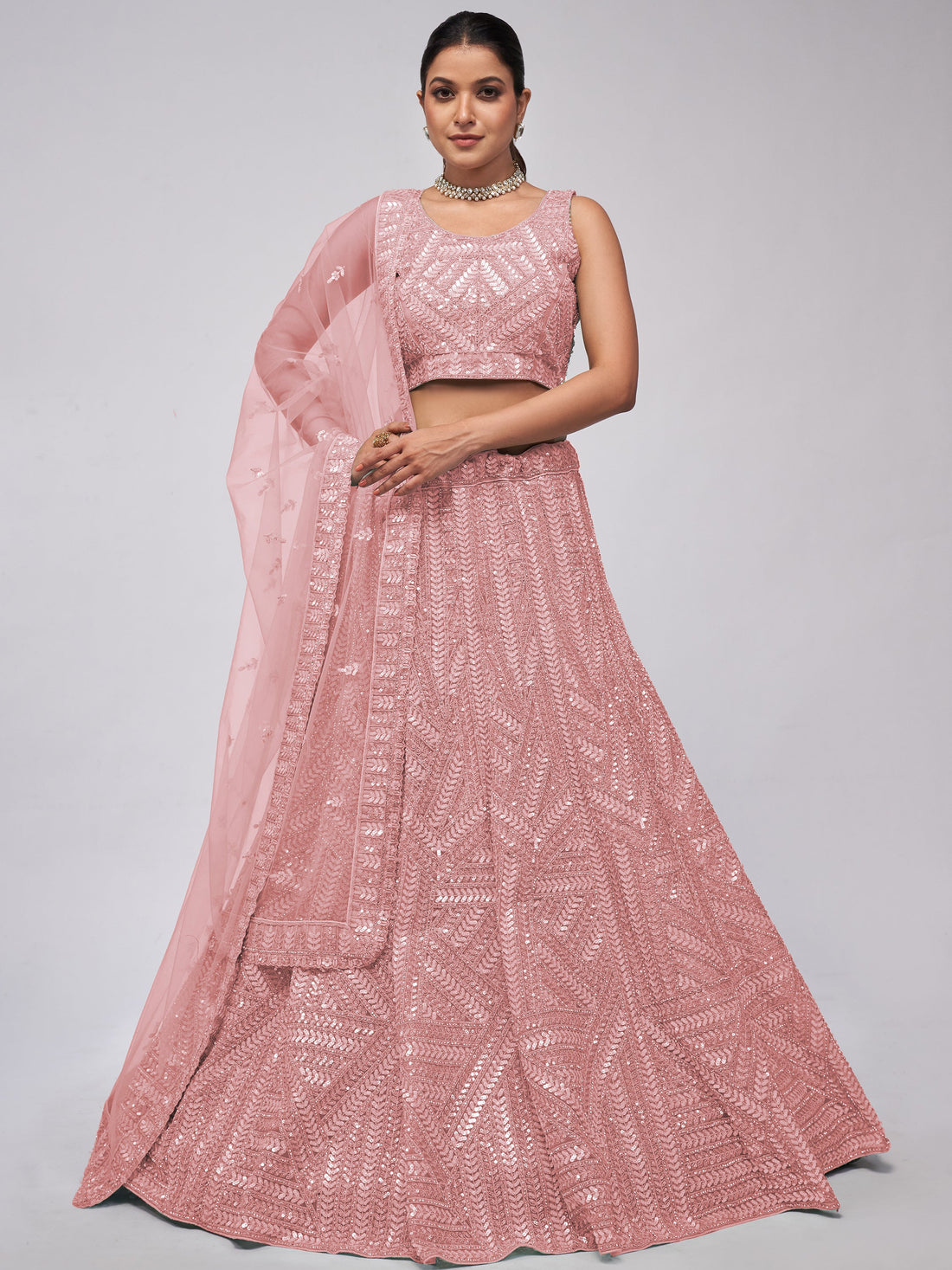 Breathtaking Pink Sequins Work Engagement Wear Lehenga Choli