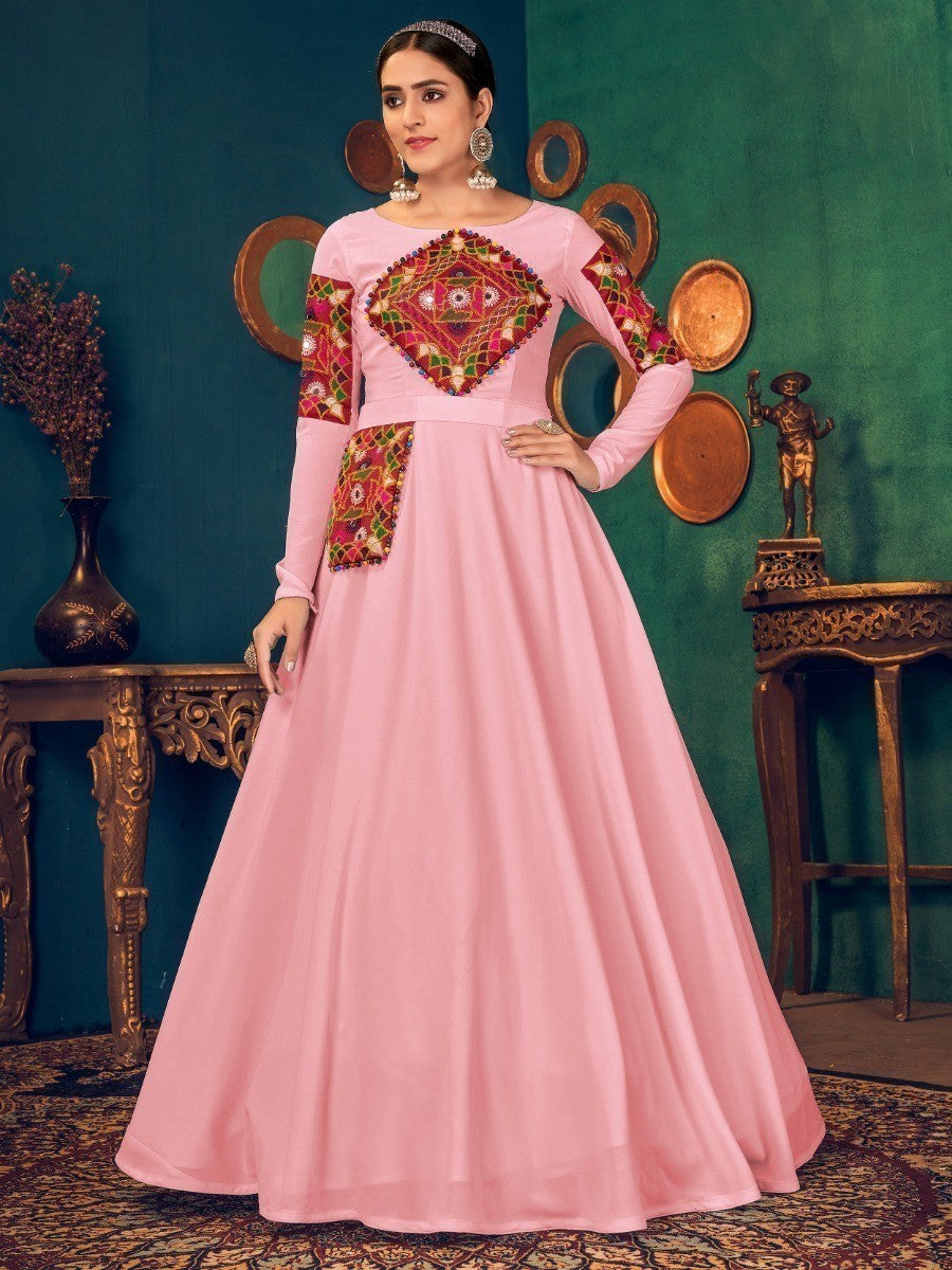 Stupendous Pink Mirror And Pearl Work Georgette Festive Wear Gown