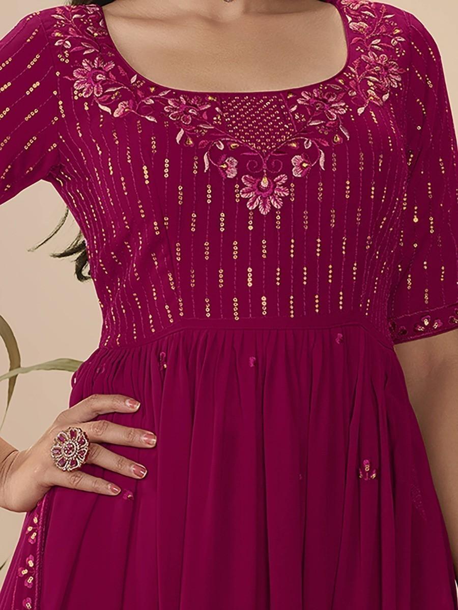 Gorgeous Deep Pink Sequins Georgette Ready-Made Palazzo Suit