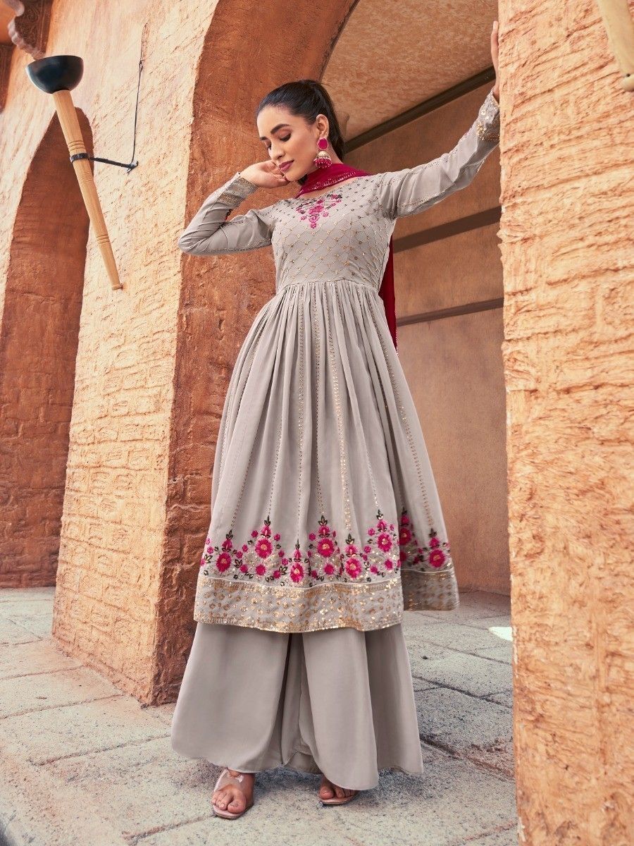 Attractive Grey Embroidered Georgette Readymade Palazzo Suit