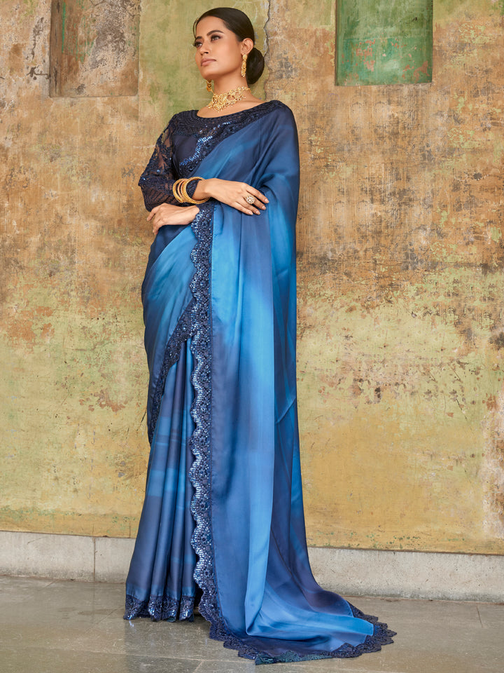 Attractive Blue Embroidered Satin Party Wear Saree With Blouse