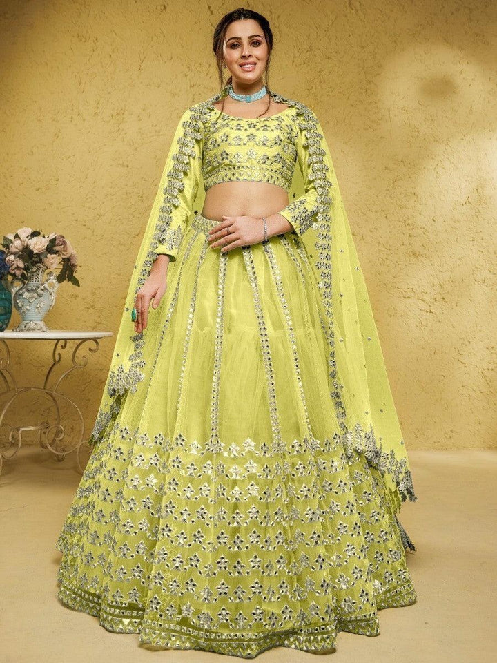 Awesome Lime Green Foil Work Net Mehendi Wear Lehenga Choli