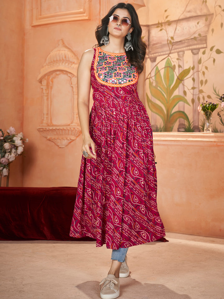 Incredible Rani Pink Embroidered Rayon Navratri Wear Long Kurti