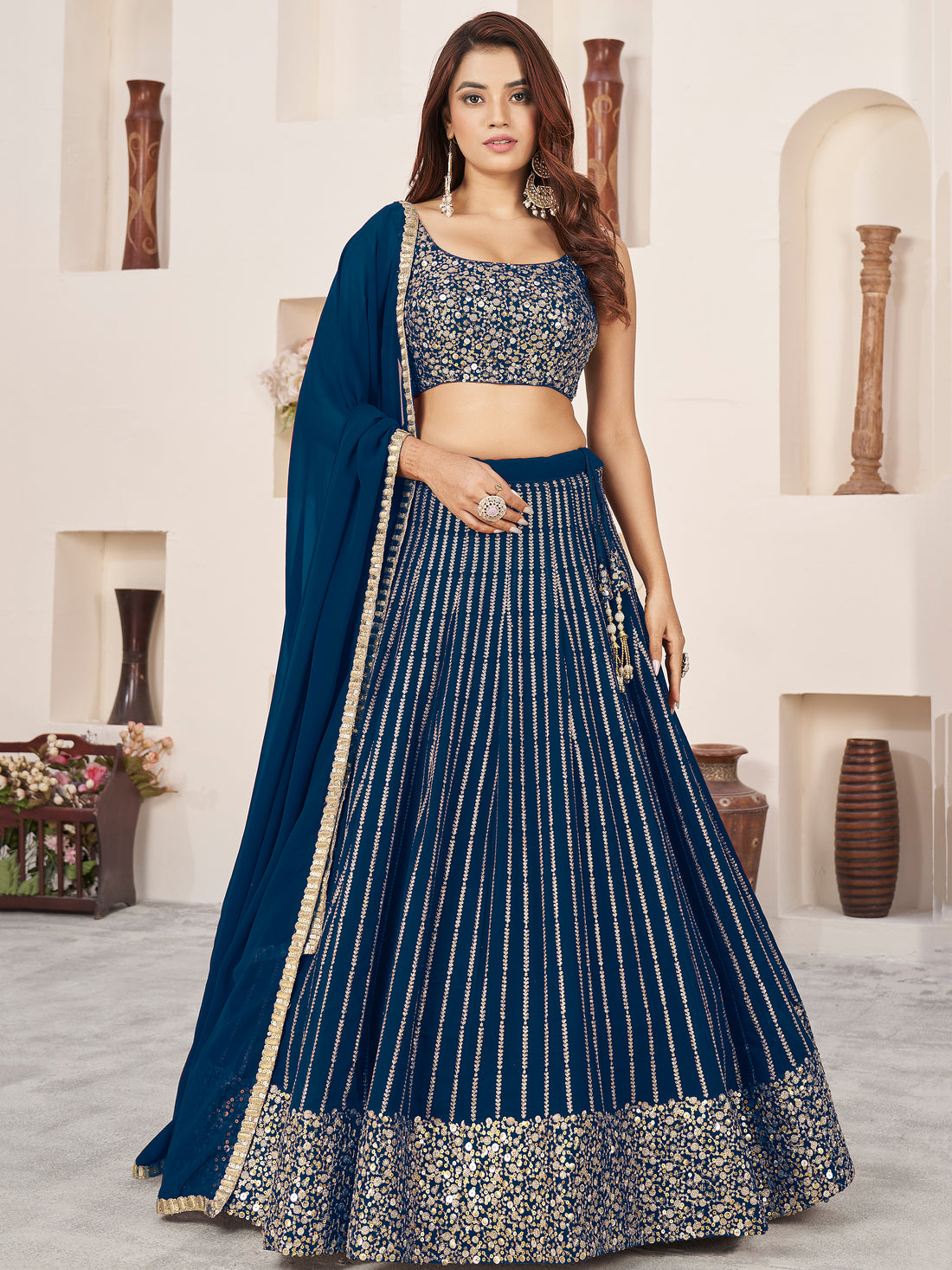 Awesome Blue Sequins Georgette Reception Wear Lehenga Choli