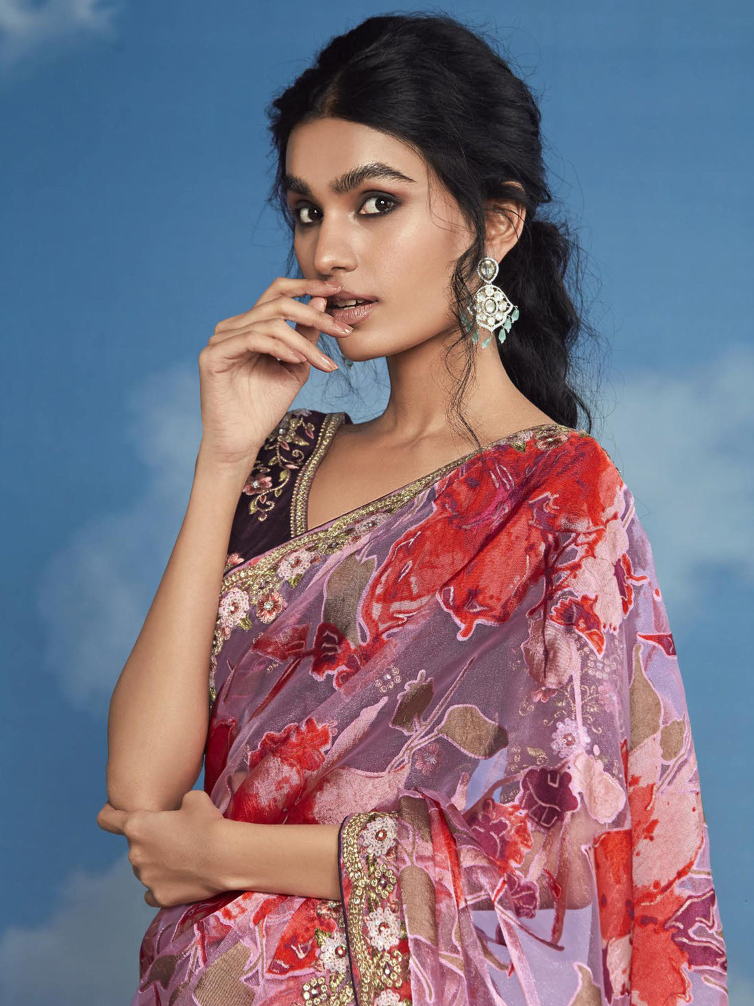 Incredible Pink Lace Work Brasso Function Wear Saree With Blouse