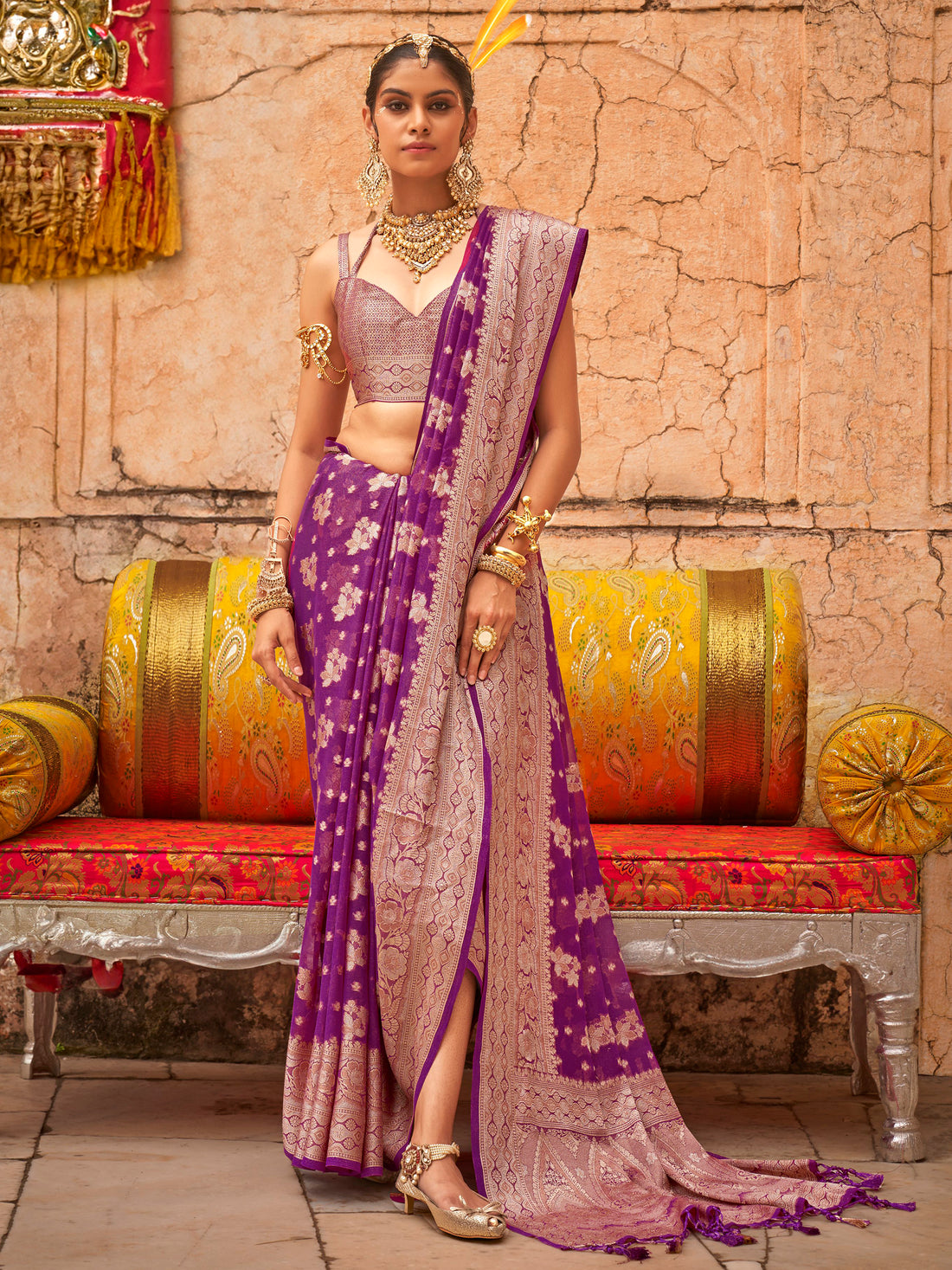 Beautiful Purple Zari Weaving Georgette Festival Wear Saree With Blouse