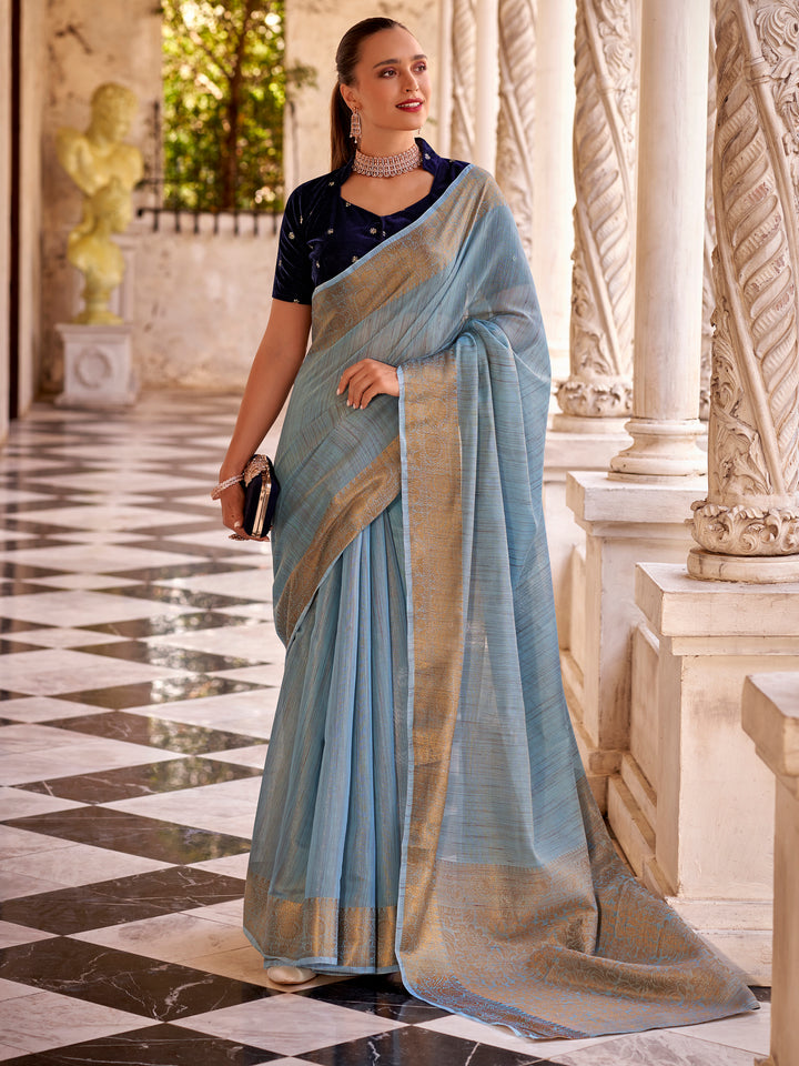 Adorable Sky Blue Zari Weaving Tissue Silk Festival Wear Saree