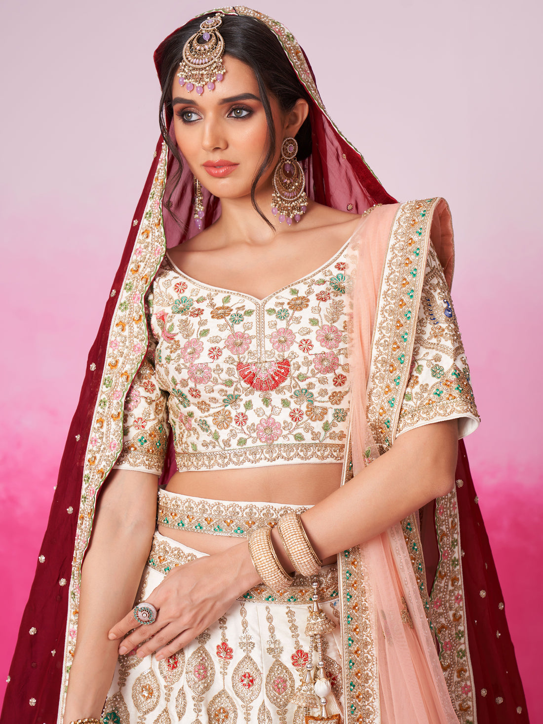 Pretty Cream Embroidered Silk Bridal Lehenga Choli With Double Dupatta