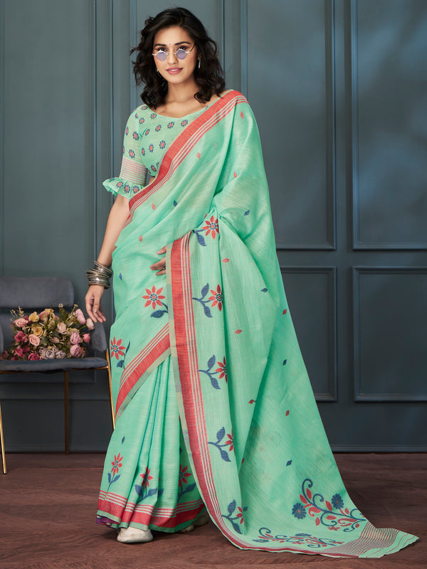 Delightful Sea Green Weaving Linen Festival Wear Saree With Blouse