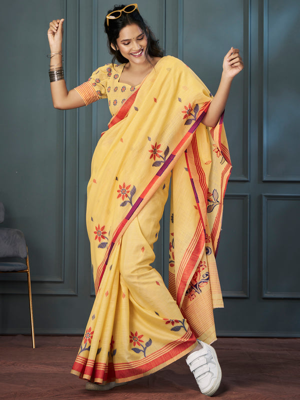 Marvelous Yellow Floral Printed Linen Event Wear Saree With Blouse