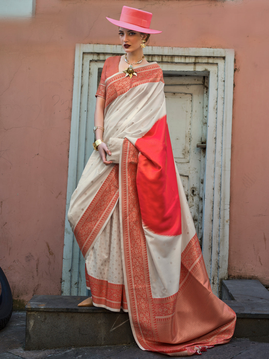 Adorable Off-White Zari Weaving Silk Event Wear Saree With Blouse