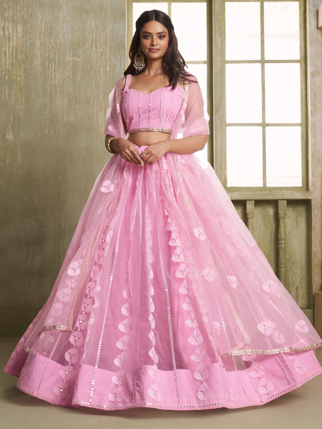 Alluring Pink Thread Work Net Bridesmaid Lehenga Choli With Dupatta