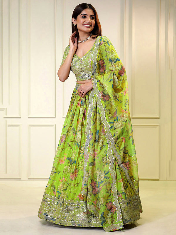 Adorable Neon Green Printed Organza Event Wear Lehenga Choli