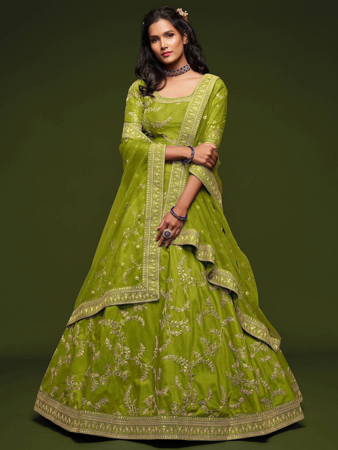 Awesome Neon Green Thread Embroidery Art Silk Wedding Lehenga Choli