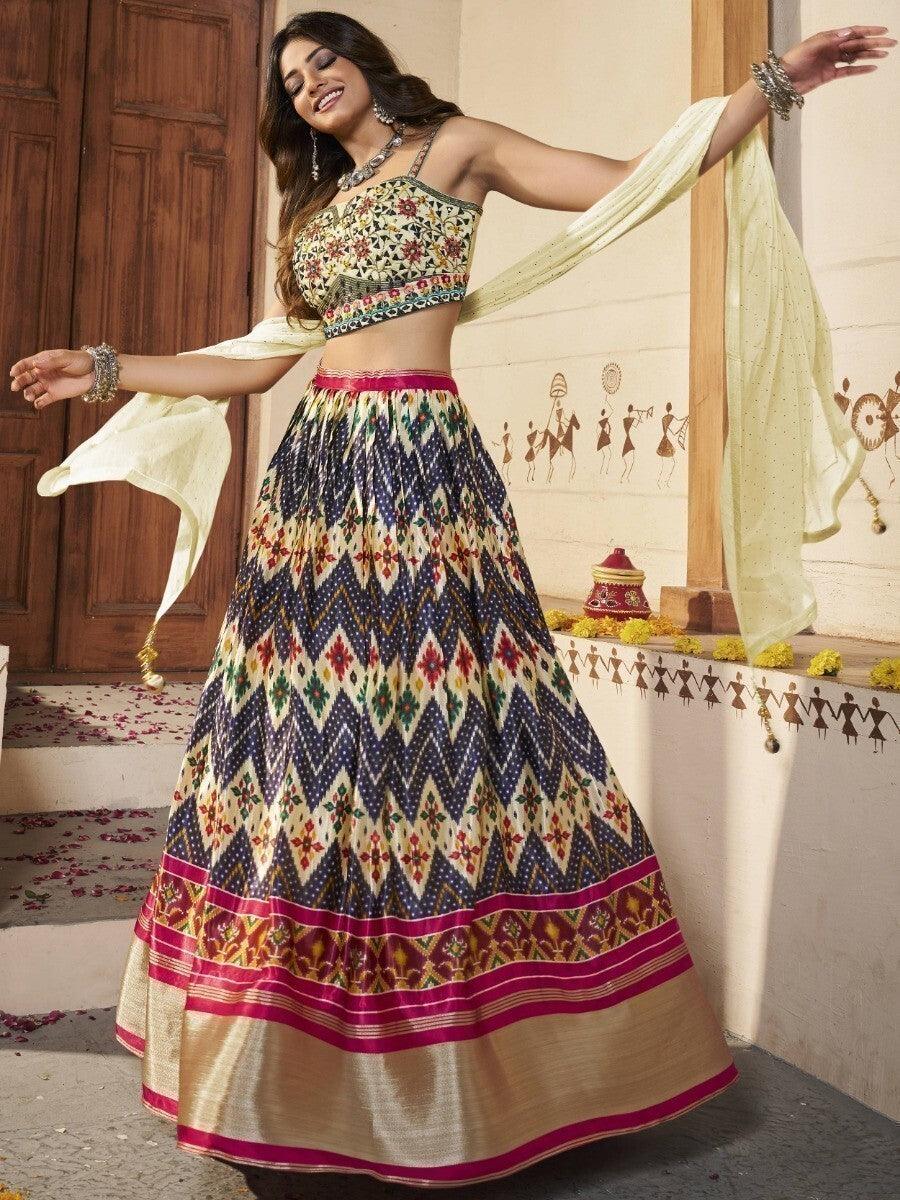 Attractive Navy Blue Patola Print Silk Wedding Wear Lehenga Choli