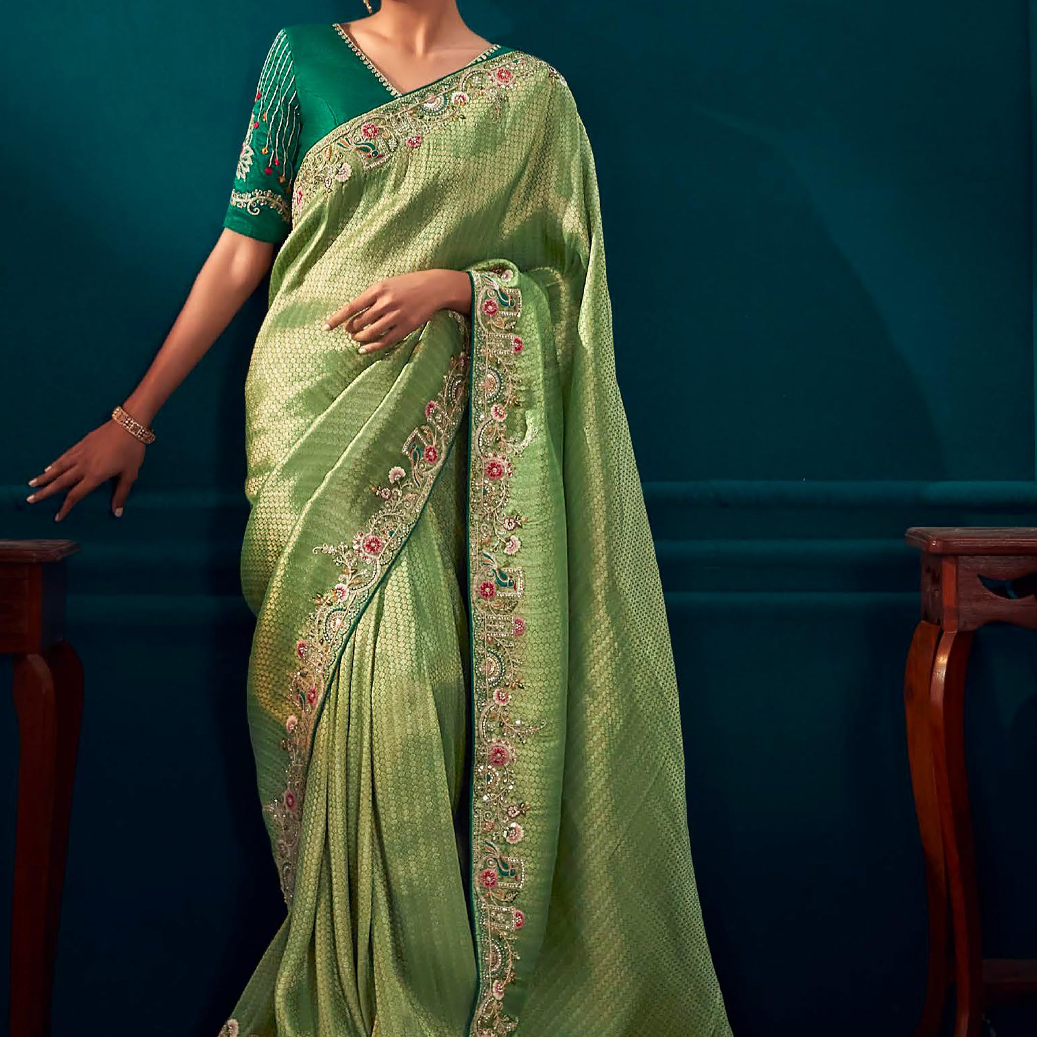 Wonderful Light Green Embroidered Kanjivaram Silk Designer Saree With Blouse