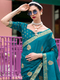 Charming Teal Blue Zari Weaving Satin Festival Wear Saree With Blouse