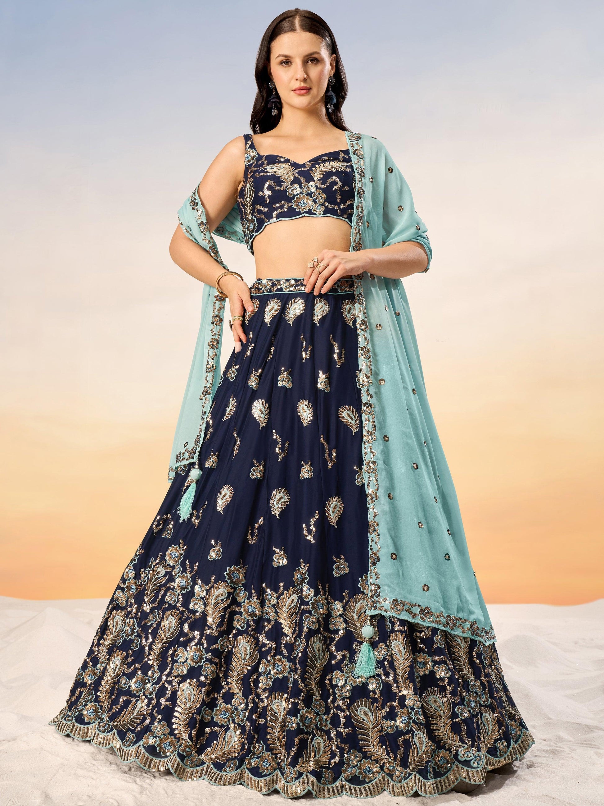 Captivating Navy Blue Sequins Georgette Lehenga Choli With Dupatta